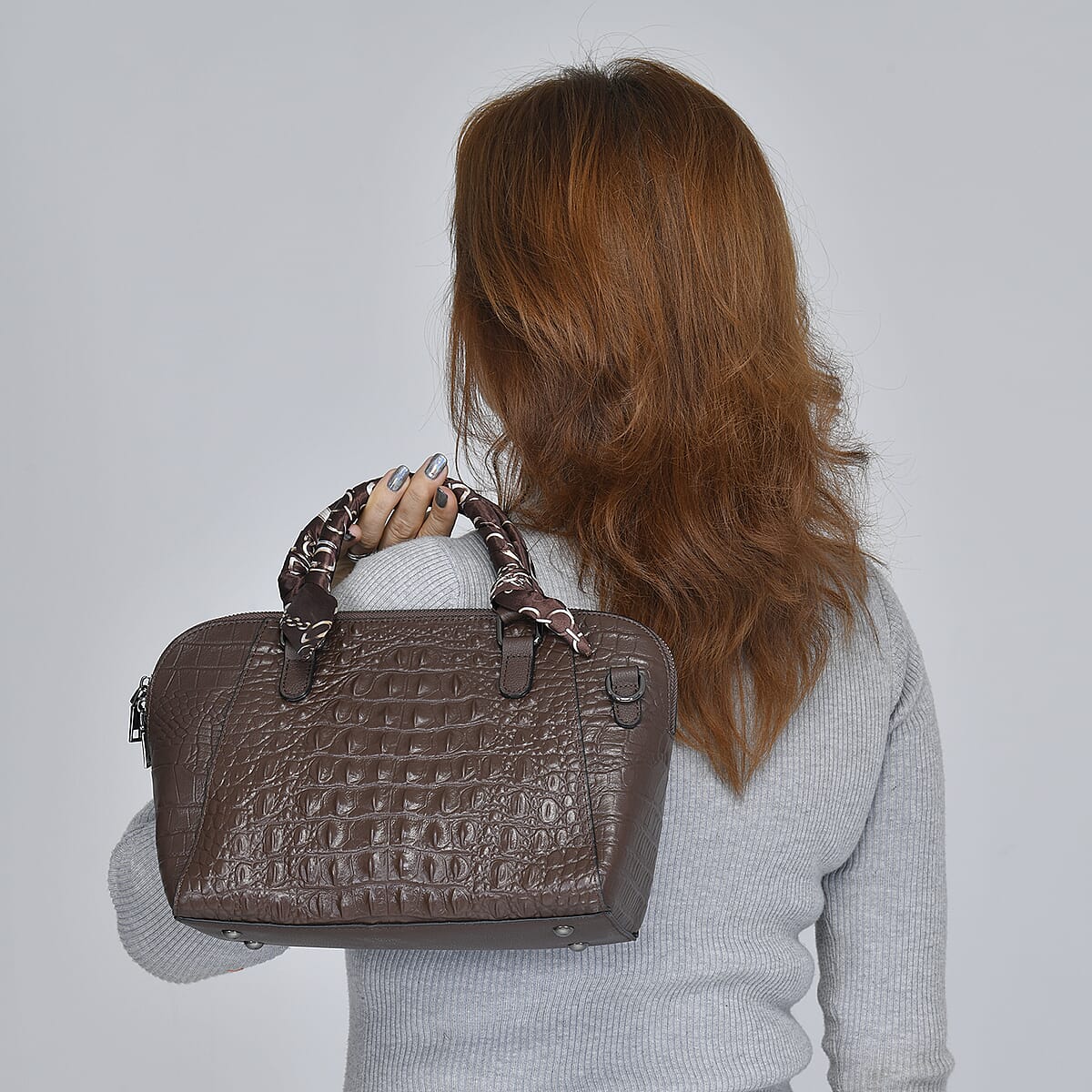 Hong Kong Closeout Chocolate Crocodile Embossed Genuine Leather Crossbody Bag with Scarf and Shoulder Strap image number 2