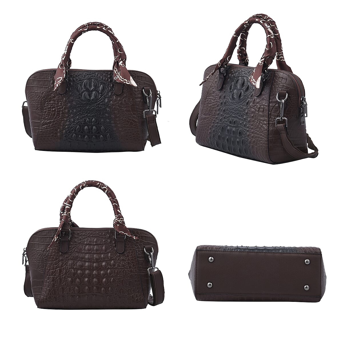 Hong Kong Closeout Chocolate Crocodile Embossed Genuine Leather Crossbody Bag with Scarf and Shoulder Strap image number 3