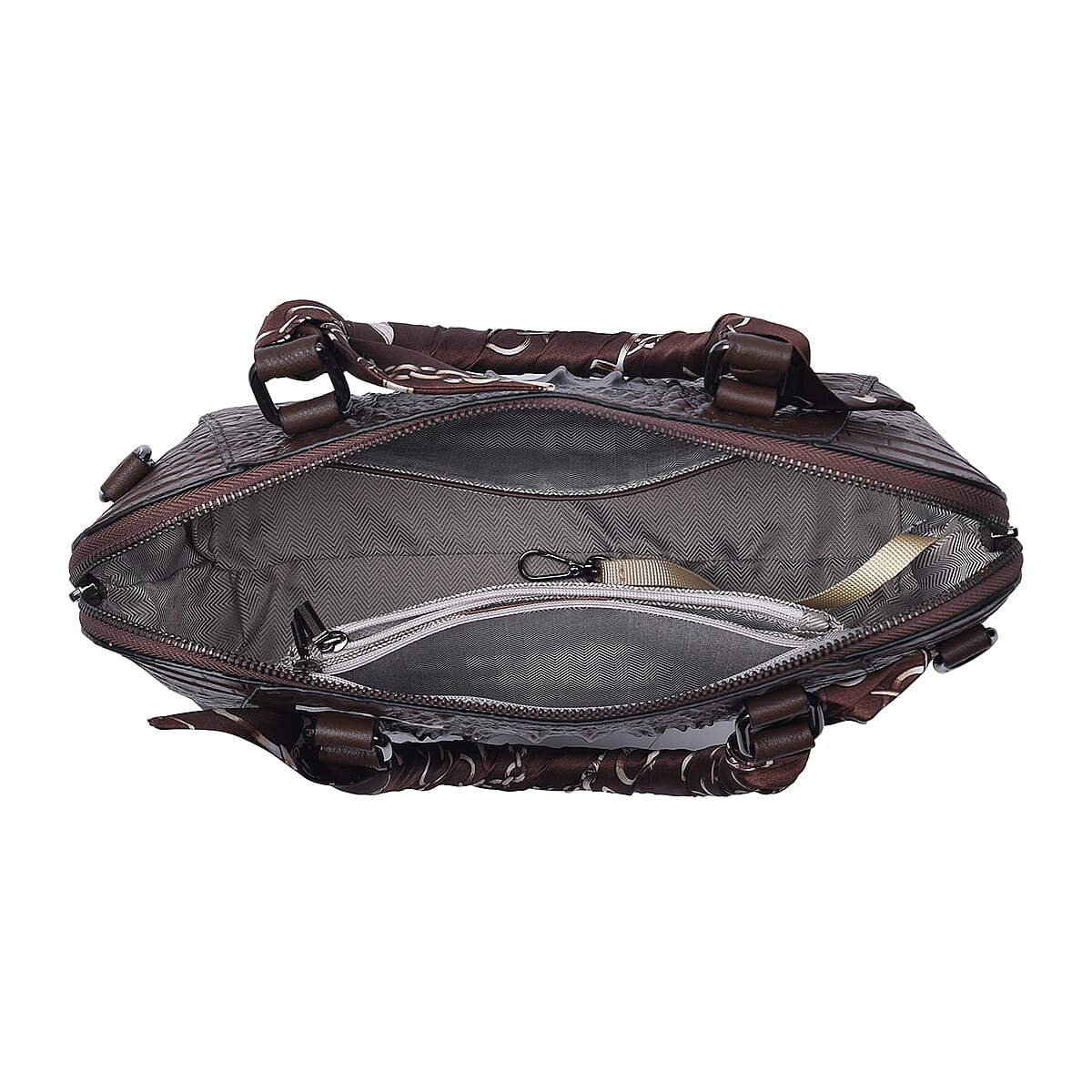 Hong Kong Closeout Chocolate Crocodile Embossed Genuine Leather Crossbody Bag with Scarf and Shoulder Strap image number 4