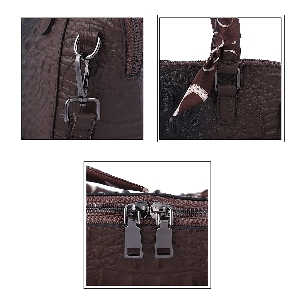 Hong Kong Closeout Chocolate Crocodile Embossed Genuine Leather Crossbody Bag with Scarf and Shoulder Strap image number 5