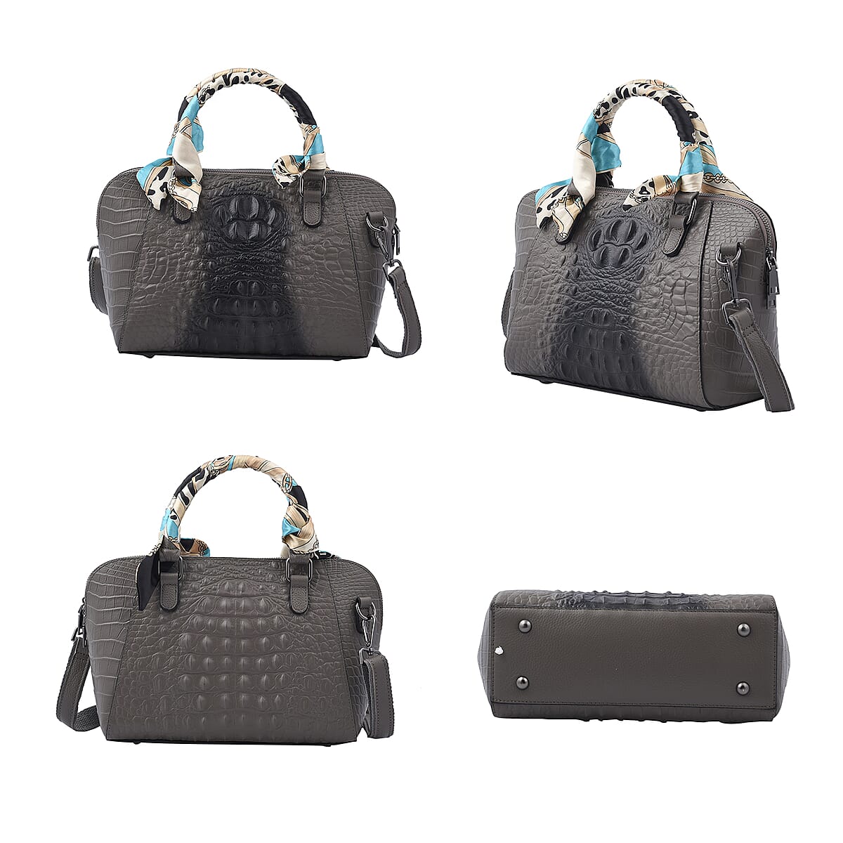 Hong Kong Closeout Gray Crocodile Embossed Genuine Leather Crossbody Bag with Scarf and Shoulder Strap image number 3