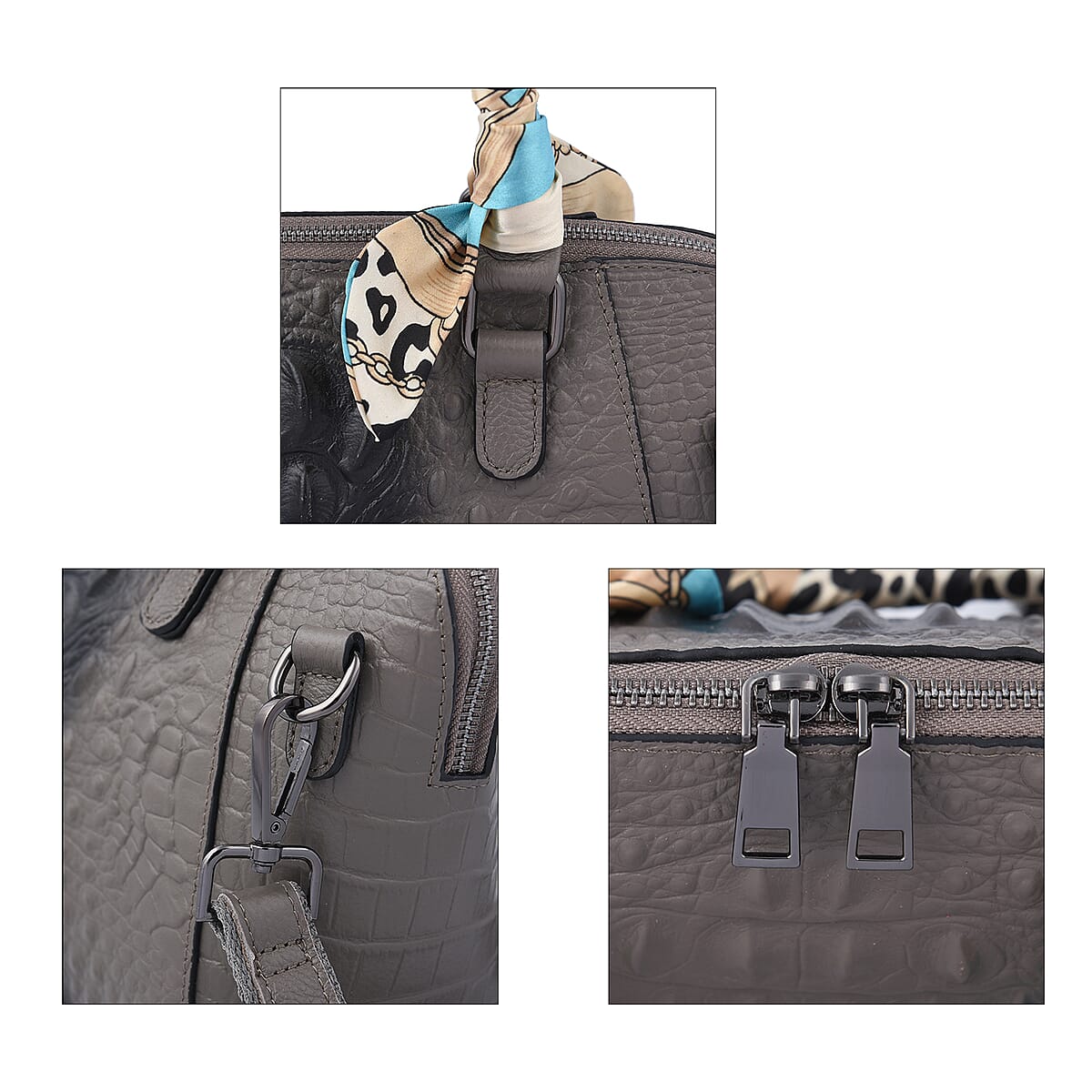 Hong Kong Closeout Gray Crocodile Embossed Genuine Leather Crossbody Bag with Scarf and Shoulder Strap image number 4
