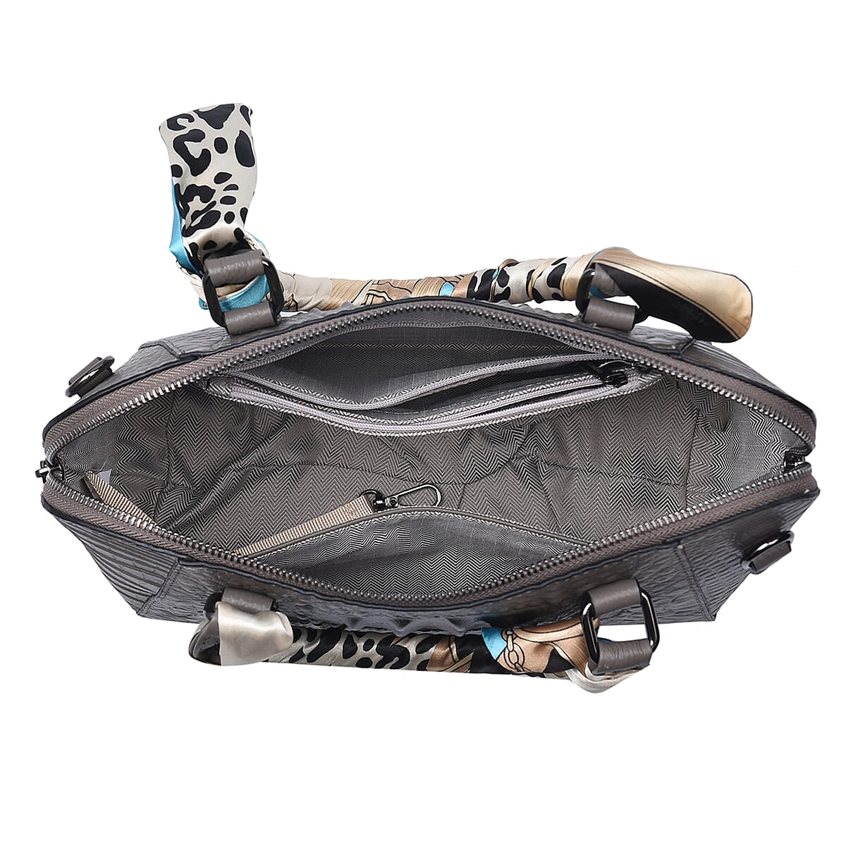 Hong Kong Closeout Gray Crocodile Embossed Genuine Leather Crossbody Bag with Scarf and Shoulder Strap image number 5