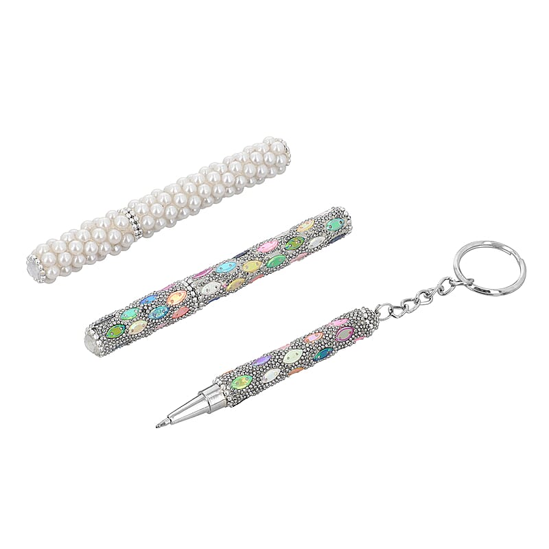 Set of 3 Silver Color Blink Pens, Key Chain Pen and Pearl Pen