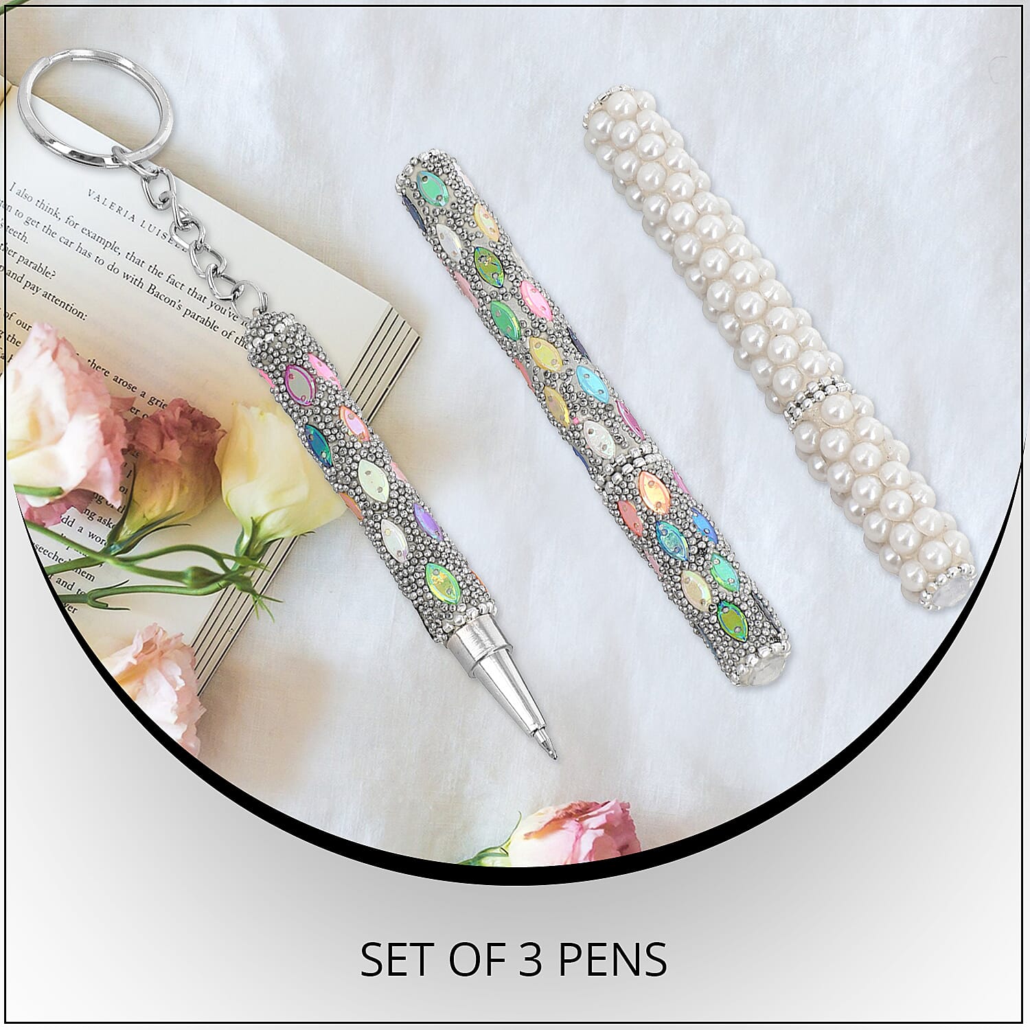 Set of 3 Silver Color Blink Pens, Key Chain Pen and Pearl Pen