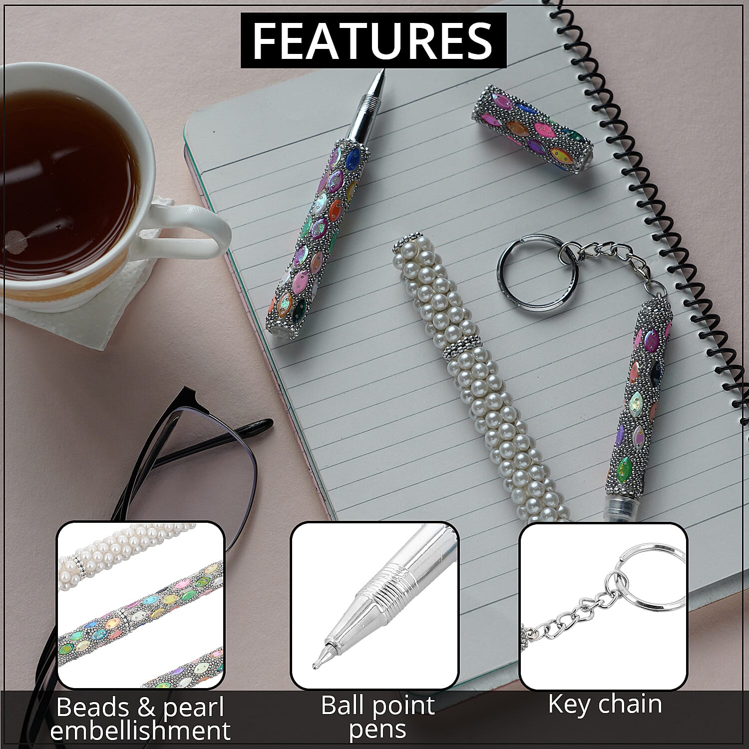Set of 3 Silver Color Blink Pens, Key Chain Pen and Pearl Pen