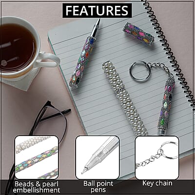 Set of 3 Silver Color Blink Pens, Key Chain Pen and Pearl Pen