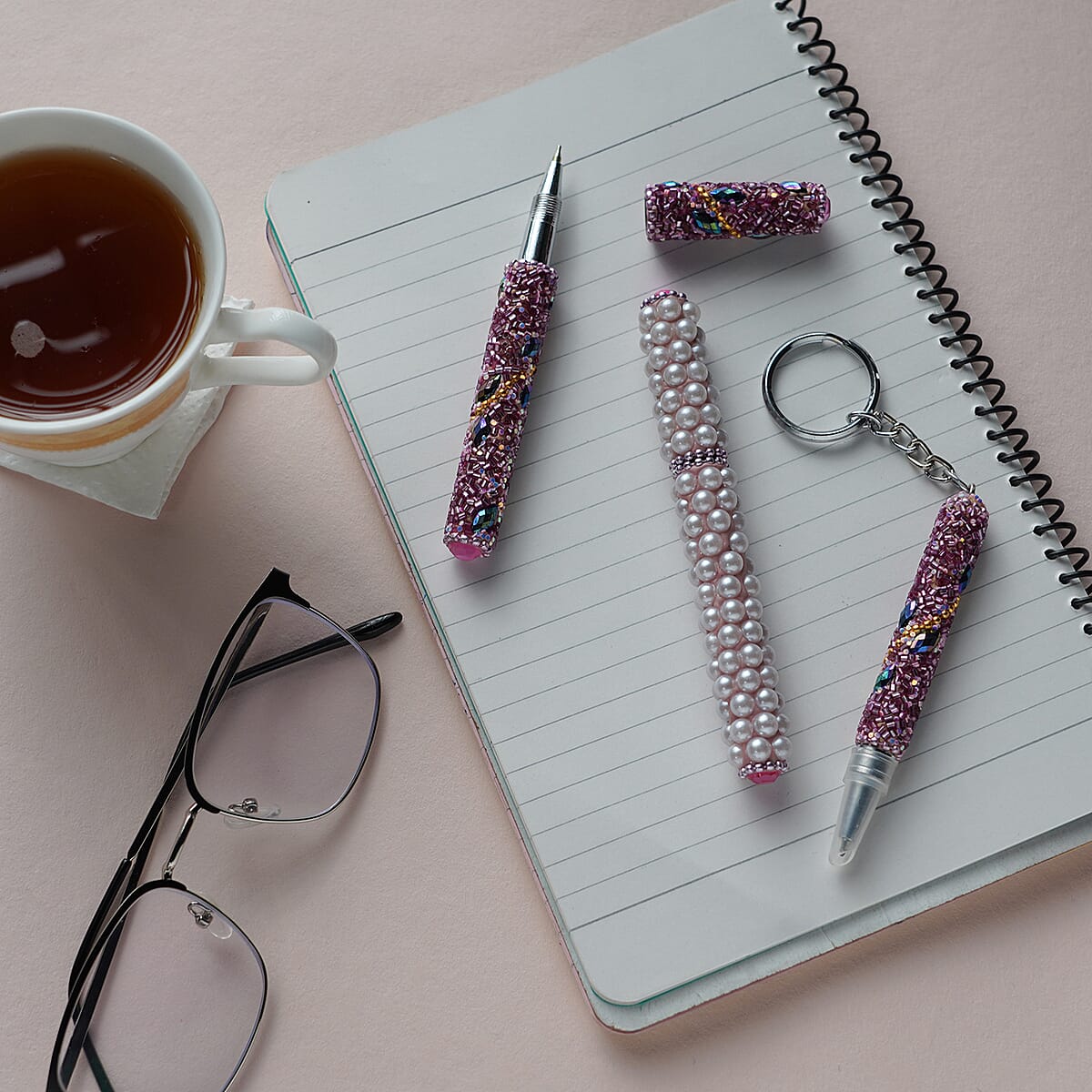 Set of 3 Pink Color Blink Pens, Key Chain Pen and Pearl Pen image number 1