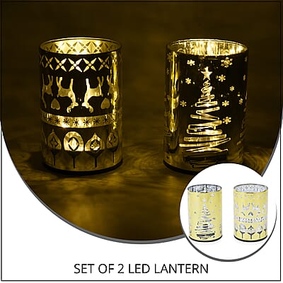 Set of 2 Golden Christmas Tree & Deer Pattern LED Lantern For Christmas Decorations, Festive Lanterns LED Light For Tabletop Home Desk Decor (3xAAA Batteries Not Included)