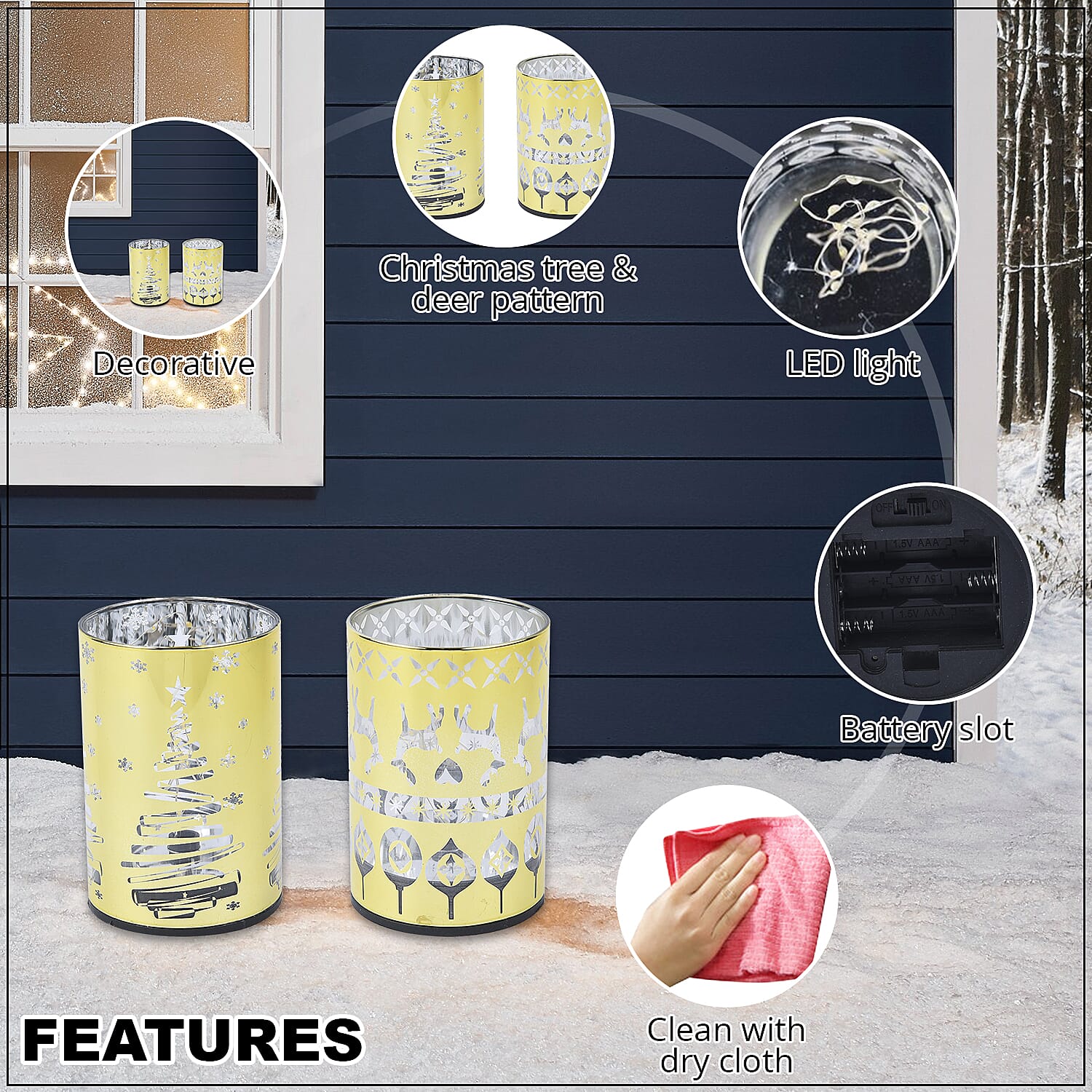 Set of 2 Golden Christmas Tree & Deer Pattern LED Lantern For Christmas Decorations, Festive Lanterns LED Light For Tabletop Home Desk Decor (3xAAA Batteries Not Included)