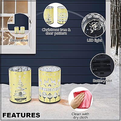 Set of 2 Golden Christmas Tree & Deer Pattern LED Lantern For Christmas Decorations, Festive Lanterns LED Light For Tabletop Home Desk Decor (3xAAA Batteries Not Included)