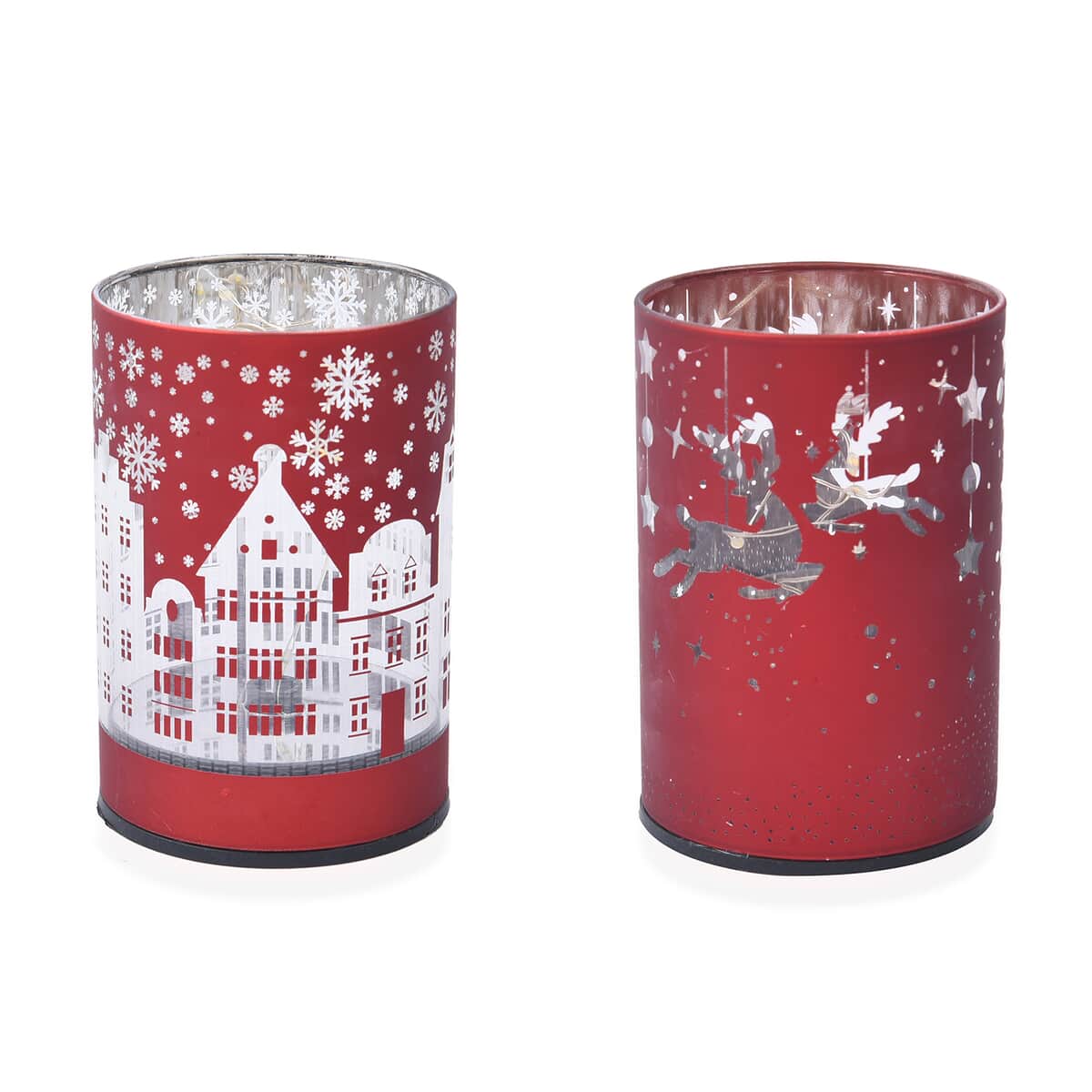 Set of 2 Red Snowflake & Deer Pattern LED Lantern For Christmas Decorations, Festive Lanterns LED Light For Tabletop Home Desk Decor (3xAAA Batteries Not Included) image number 0