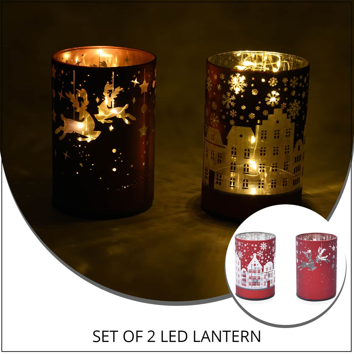 Set of 2 Red Snowflake & Deer Pattern LED Lantern For Christmas Decorations, Festive Lanterns LED Light For Tabletop Home Desk Decor (3xAAA Batteries Not Included) image number 1