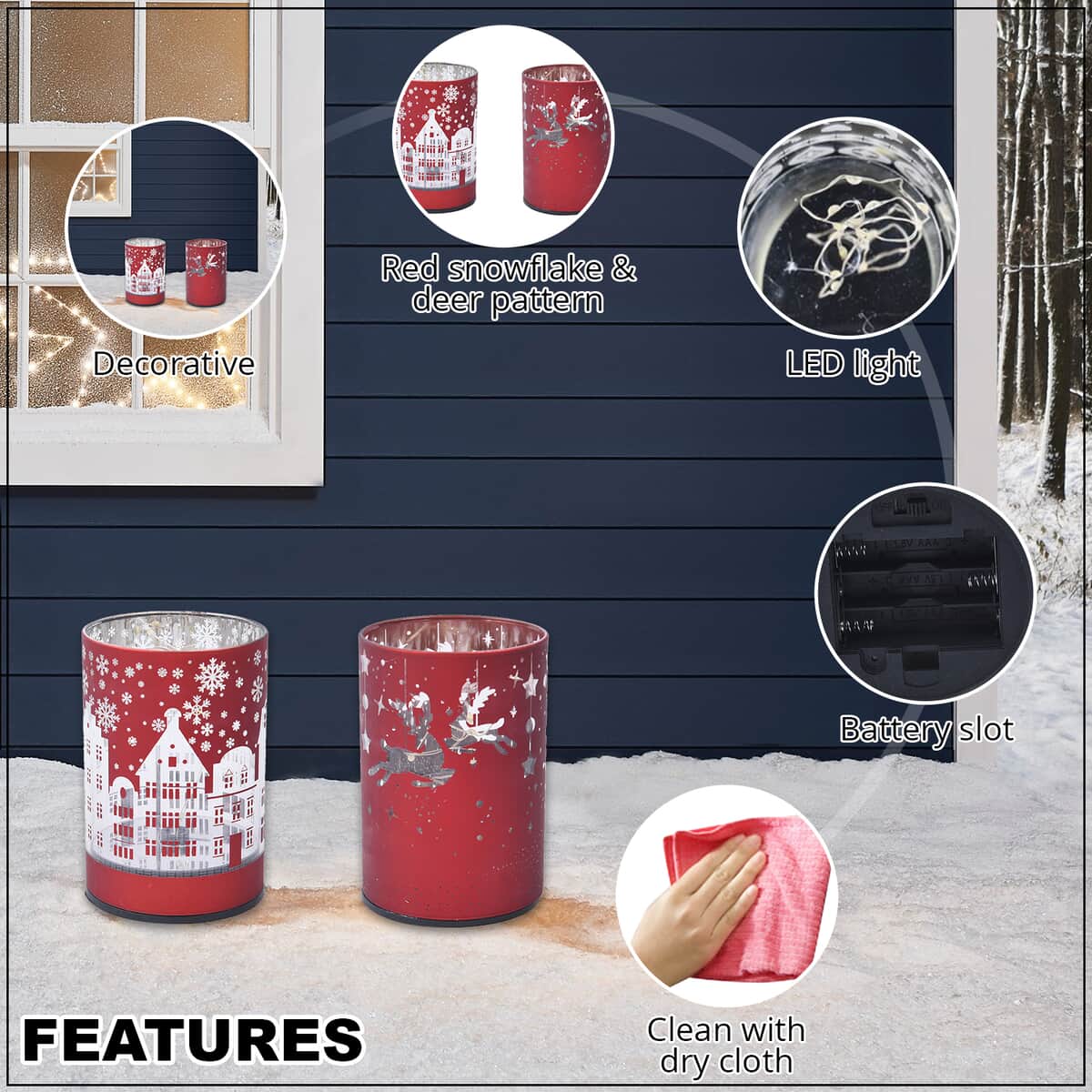 Set of 2 Red Snowflake & Deer Pattern LED Lantern For Christmas Decorations, Festive Lanterns LED Light For Tabletop Home Desk Decor (3xAAA Batteries Not Included) image number 2