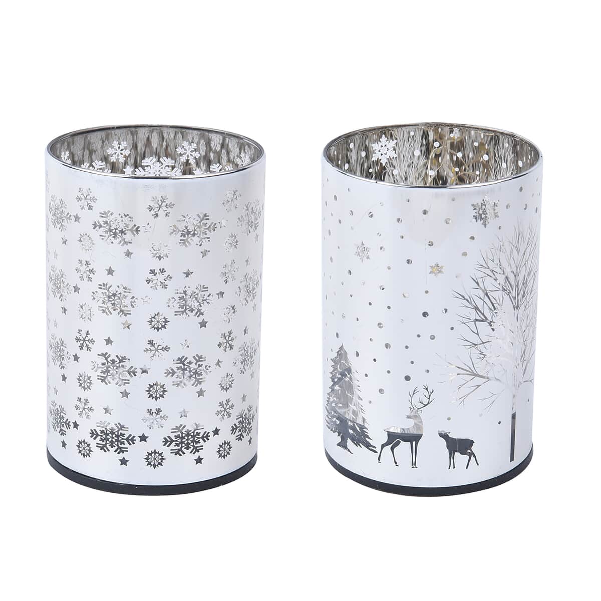 Set of 2 Silver Snowflake Christmas Tree & Deer Pattern LED Lantern For Christmas Decorations, Festive Lanterns LED Light For Tabletop Home Desk Decor (3xAAA Batteries Not Included) image number 0
