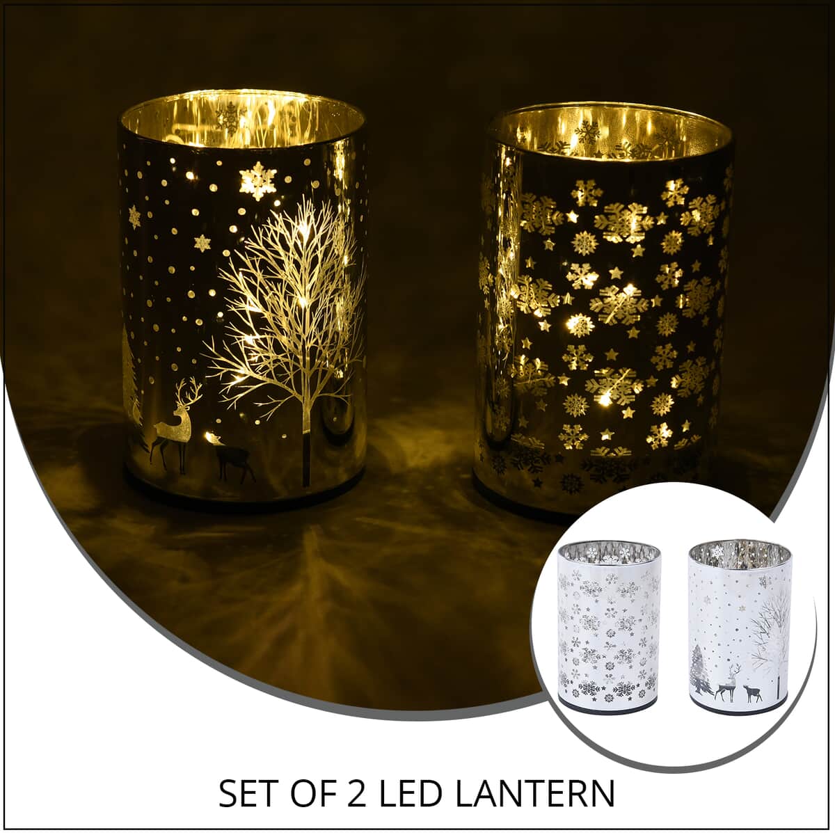 Set of 2 Silver Snowflake Christmas Tree & Deer Pattern LED Lantern For Christmas Decorations, Festive Lanterns LED Light For Tabletop Home Desk Decor (3xAAA Batteries Not Included) image number 1