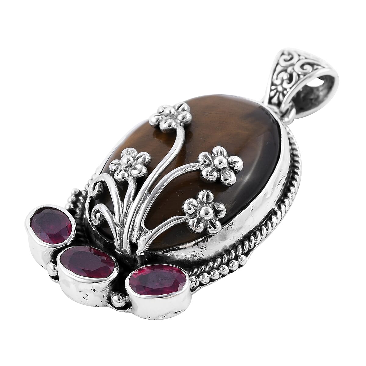 Bali Legacy Tiger's Eye and Niassa Ruby (FF) Pendant in Sterling Silver 39.80 ctw