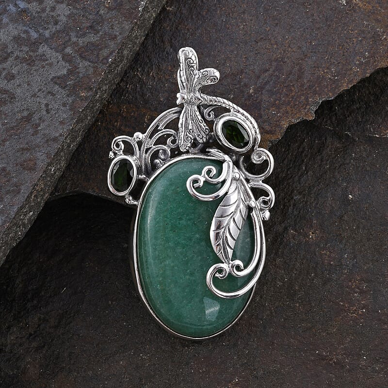 Bali Legacy Green Aventurine and Natural Chrome Diopside Pendant in Sterling Silver 11 Grams 39.00 ctw