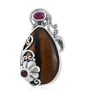 Bali Legacy South African Tiger's Eye and Niassa Ruby Pendant in Sterling Silver 11 Grams 32.80 ctw