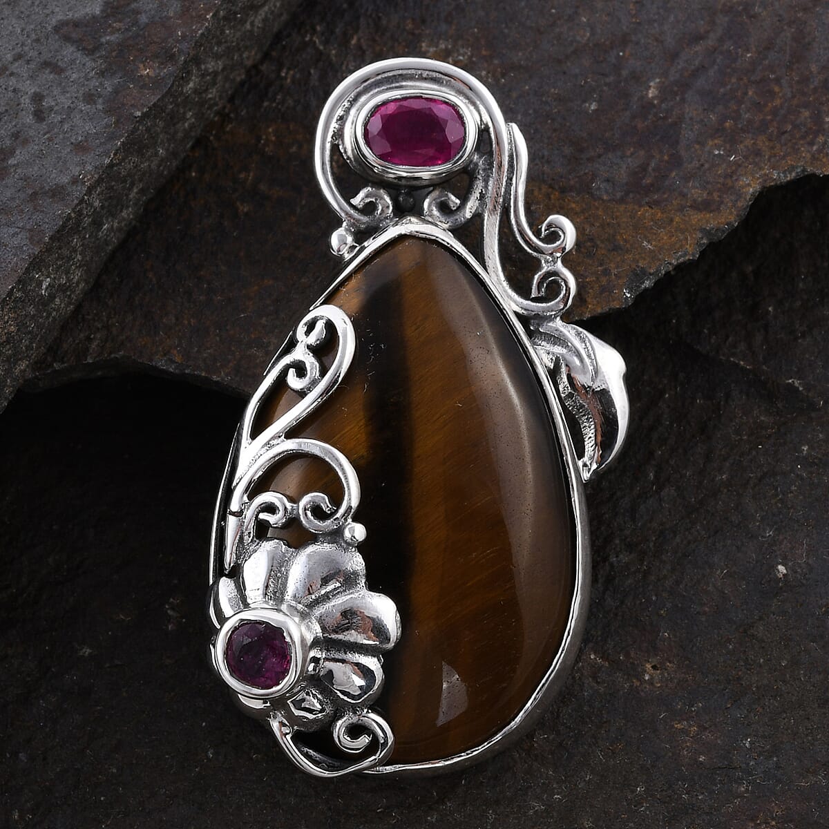 Bali Legacy South African Tiger's Eye and Niassa Ruby Pendant in Sterling Silver 11 Grams 32.80 ctw image number 1