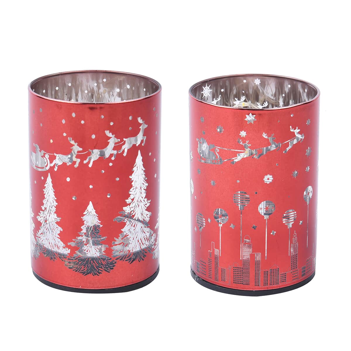 Set of 2 Red Santa Grove & Reindeer Pattern LED Lantern For Christmas Decorations, Festive Lanterns LED Light For Tabletop Home Desk Decor (3xAAA Batteries Not Included) image number 0