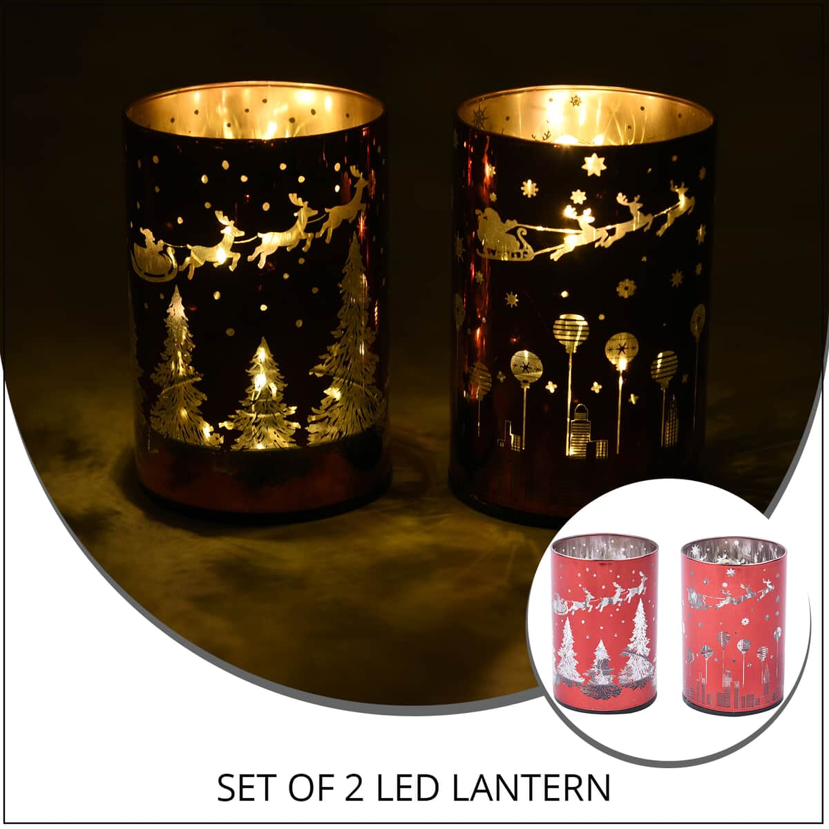 Set of 2 Red Santa Grove & Reindeer Pattern LED Lantern For Christmas Decorations, Festive Lanterns LED Light For Tabletop Home Desk Decor (3xAAA Batteries Not Included) image number 1