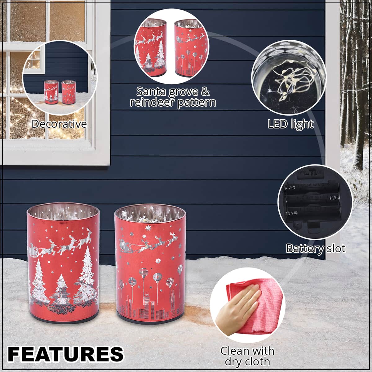 Set of 2 Red Santa Grove & Reindeer Pattern LED Lantern For Christmas Decorations, Festive Lanterns LED Light For Tabletop Home Desk Decor (3xAAA Batteries Not Included) image number 2