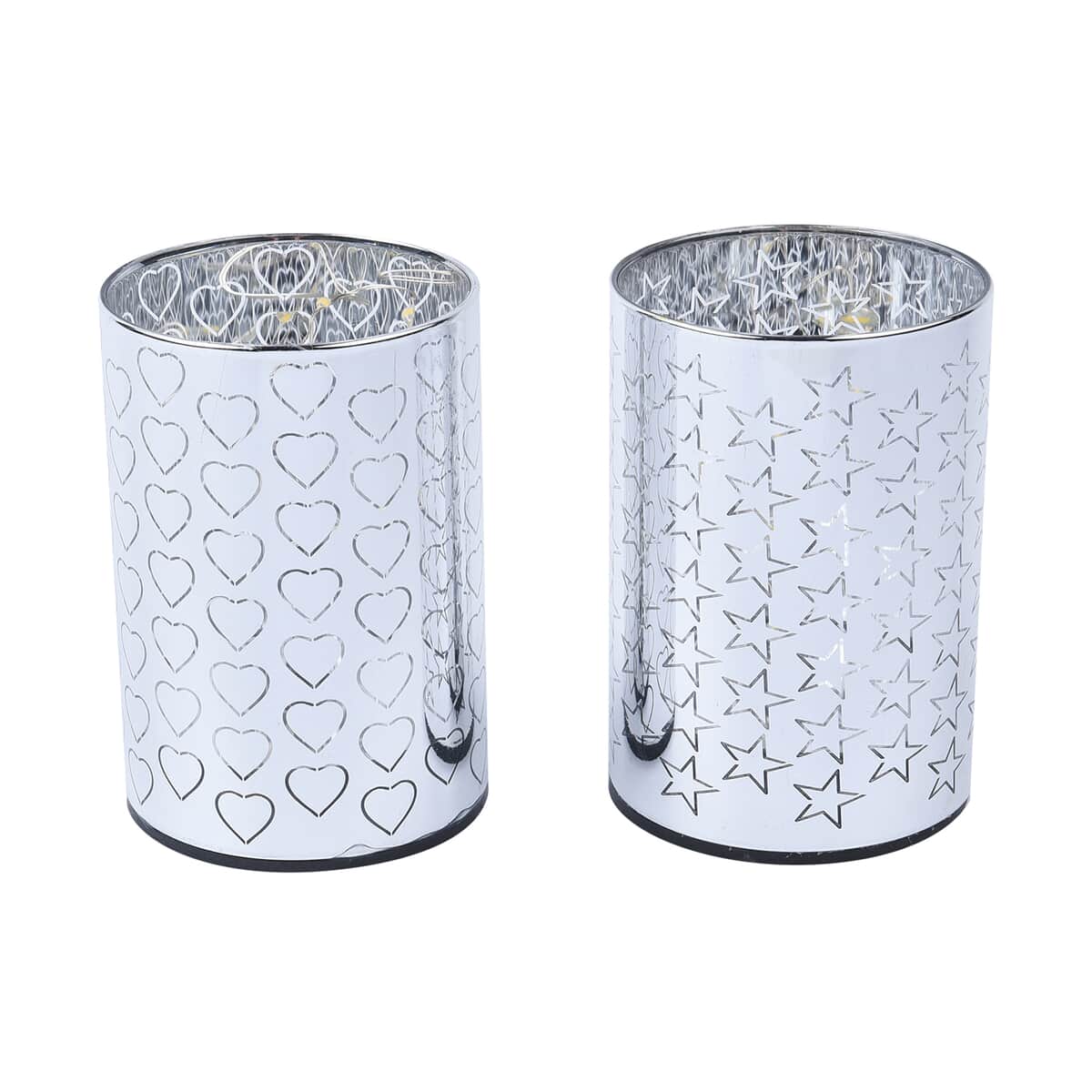 Set of 2 Silver Color Heart and Star Pattern Warm LED Lantern (Battery 3AAA not included) image number 0