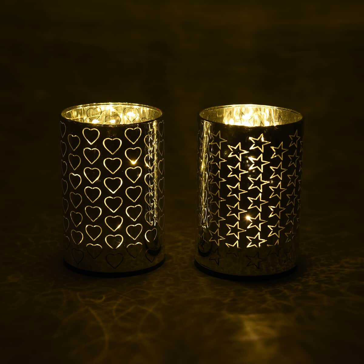 Set of 2 Silver Color Heart and Star Pattern Warm LED Lantern (Battery 3AAA not included) image number 1