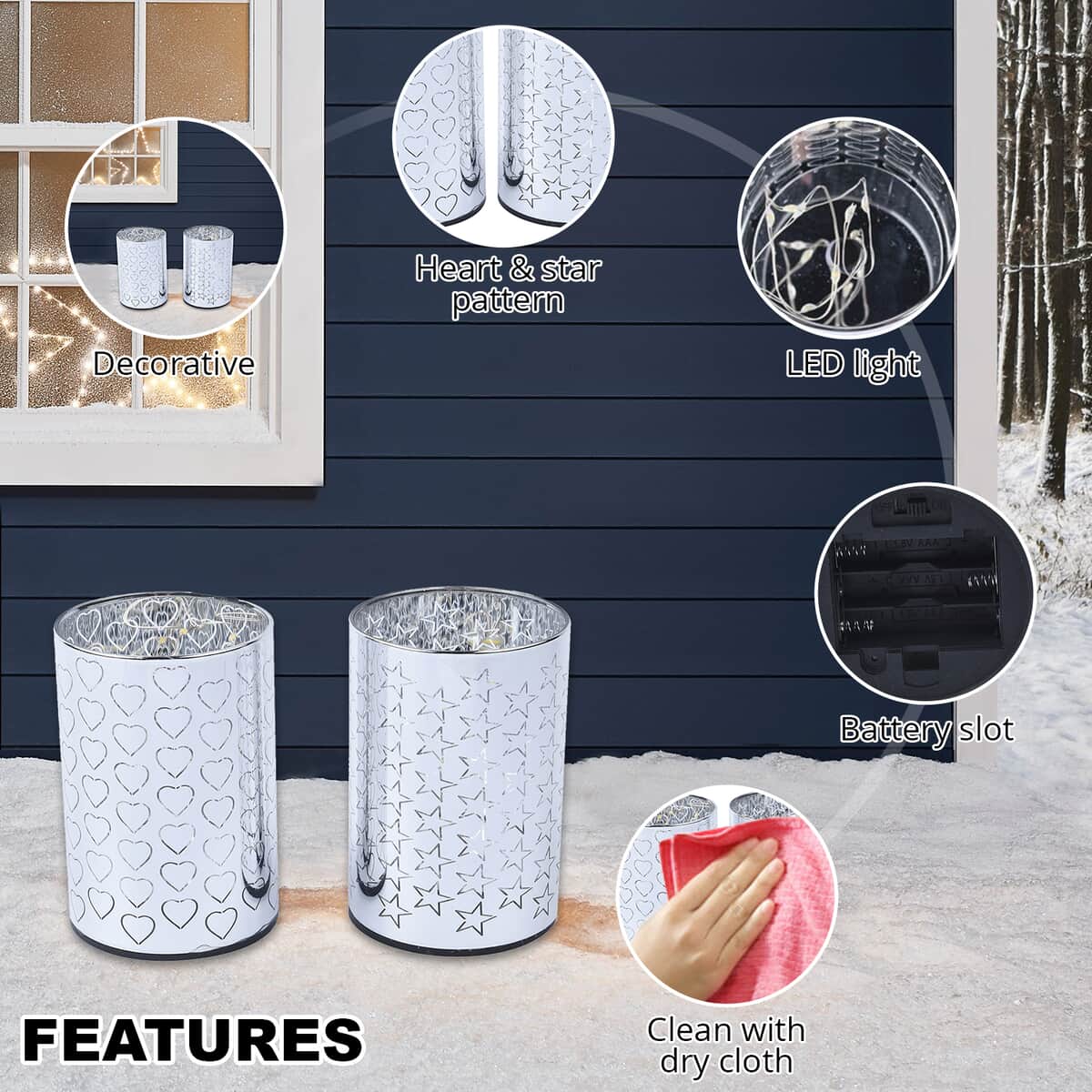 Set of 2 Silver Color Heart and Star Pattern Warm LED Lantern (Battery 3AAA not included) image number 2
