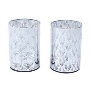 Set of 2 Silver Color Diamond and Hook Ring Pattern Warm LED Lantern (Battery 3AAA not included)