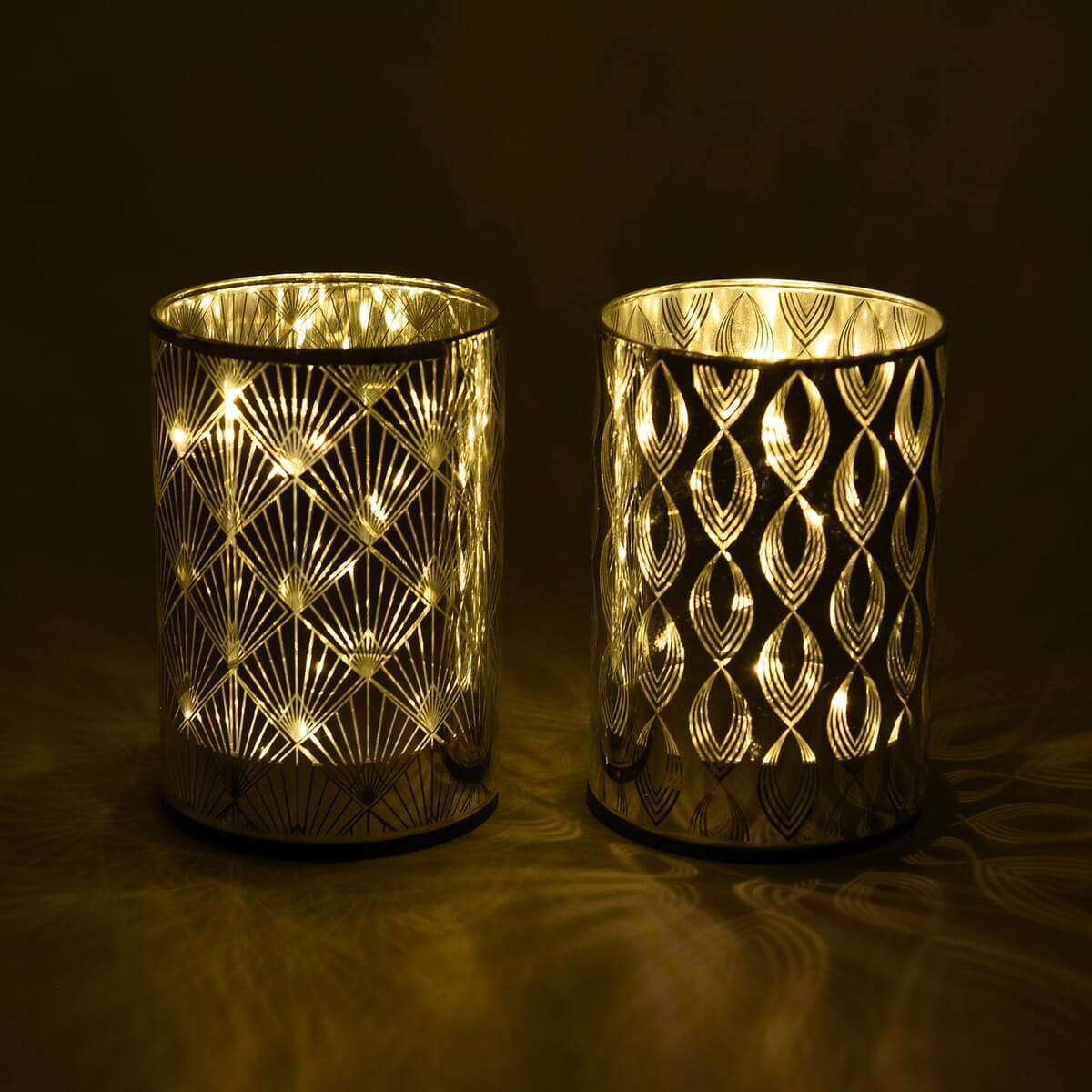Set of 2 Silver Color Diamond and Hook Ring Pattern Warm LED Lantern (Battery 3AAA not included) image number 1