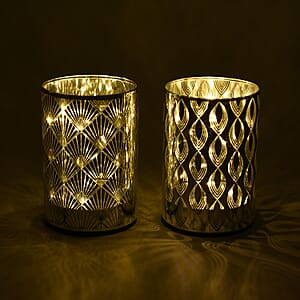 Set of 2 Silver Color Diamond and Hook Ring Pattern Warm LED Lantern (Battery 3AAA not included)