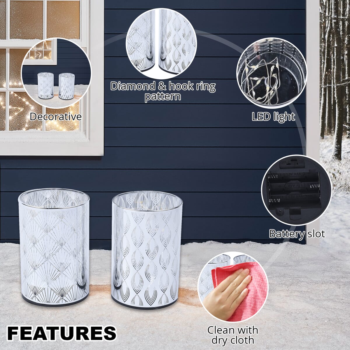 Set of 2 Silver Color Diamond and Hook Ring Pattern Warm LED Lantern (Battery 3AAA not included) image number 2
