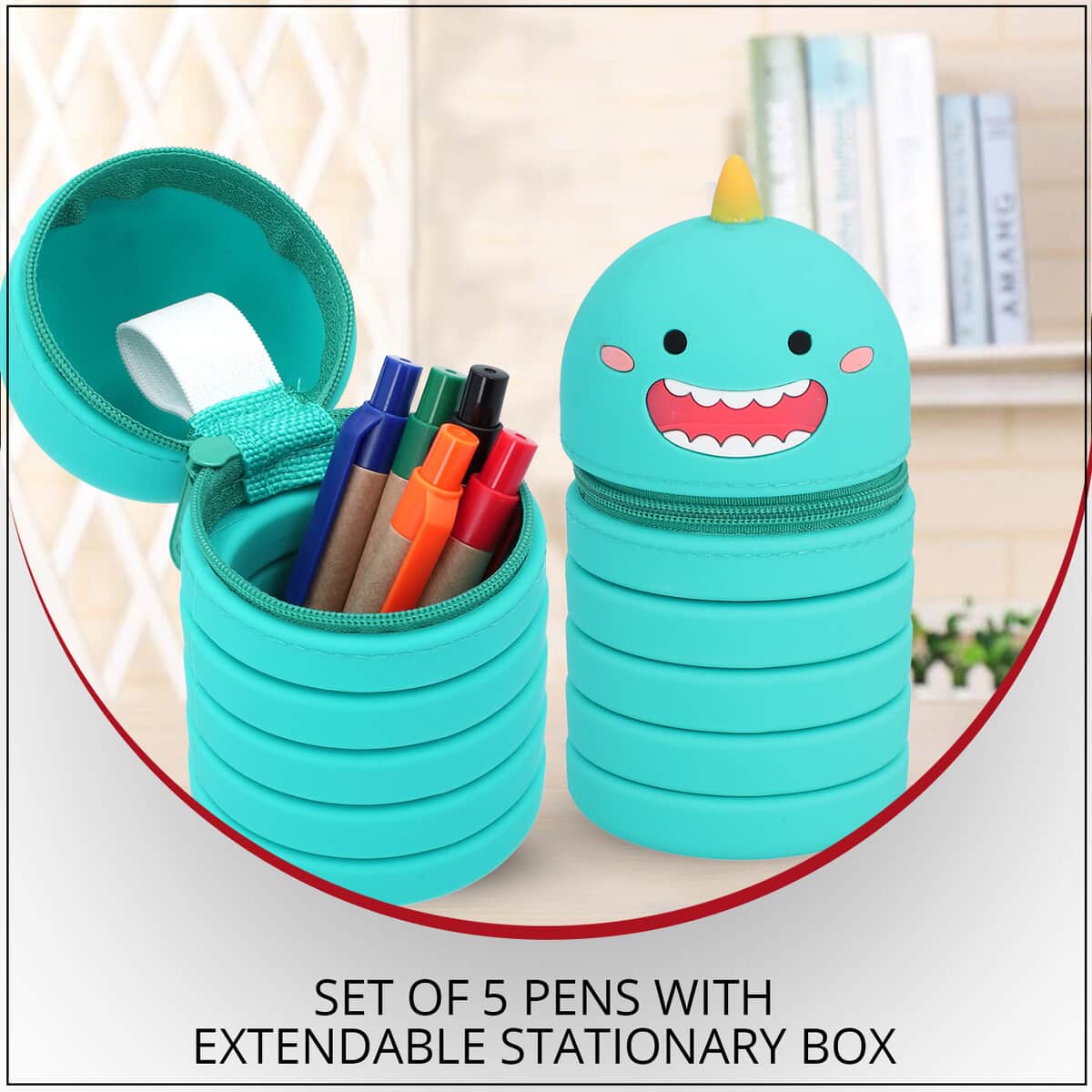 Set of 5 Pens with Extendable Kids Funny Characters Stationary Box - Green image number 1