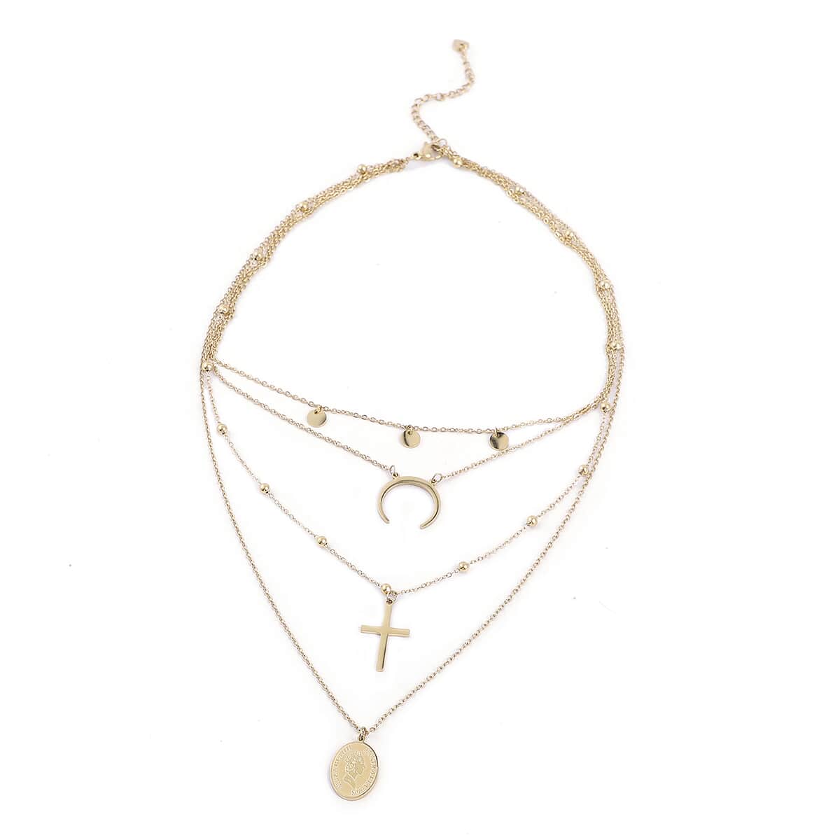 Crescent Moon, Sun, Cross Layered Necklace 14 Inches in ION Plated Yellow Gold Stainless Steel image number 0