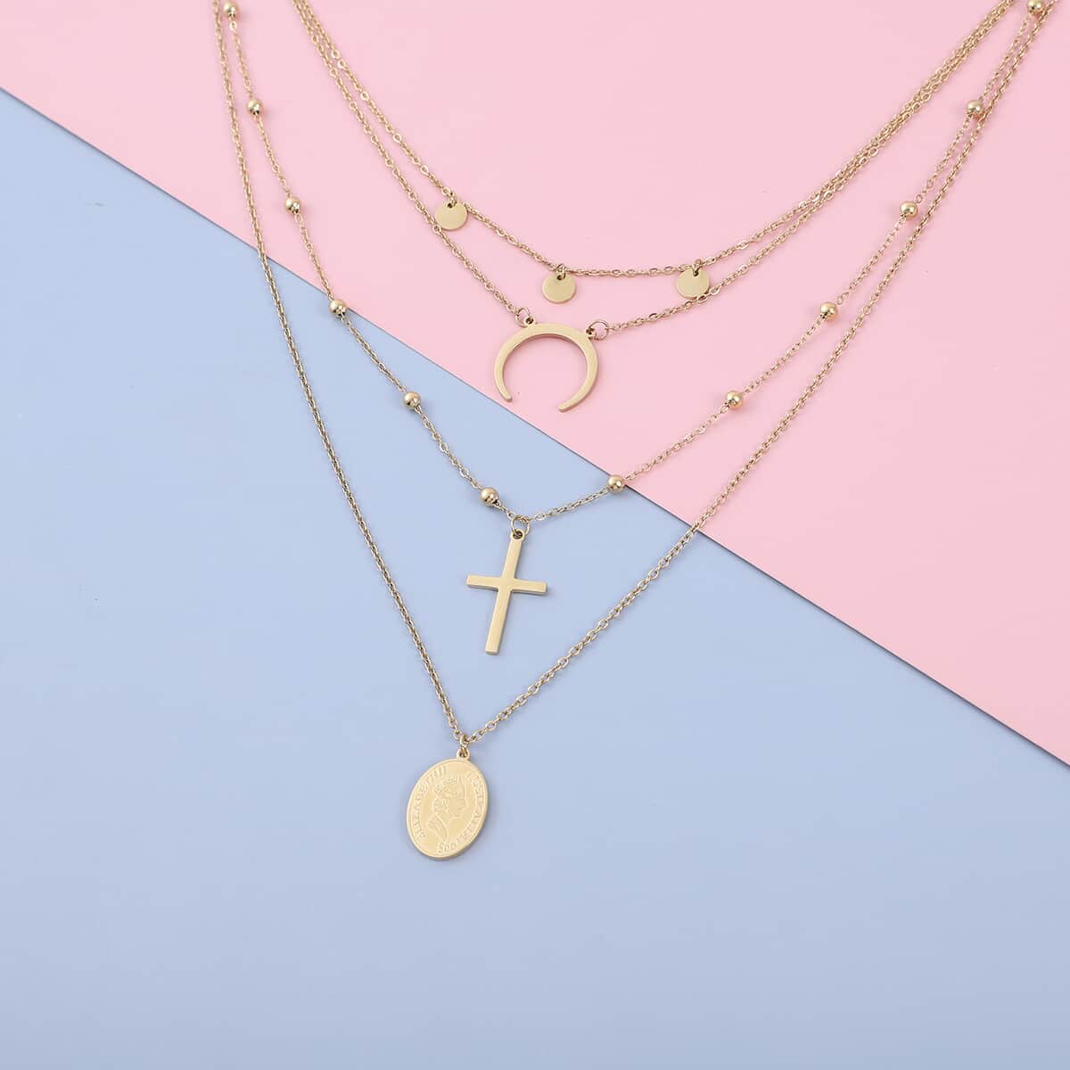Crescent Moon, Sun, Cross Layered Necklace 14 Inches in ION Plated Yellow Gold Stainless Steel image number 1