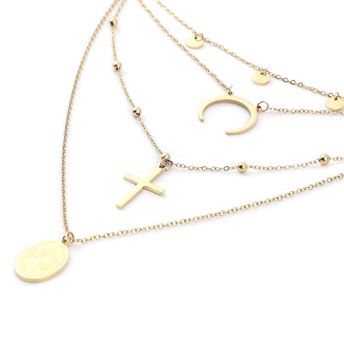 Crescent Moon, Sun, Cross Layered Necklace 14 Inches in ION Plated Yellow Gold Stainless Steel image number 2