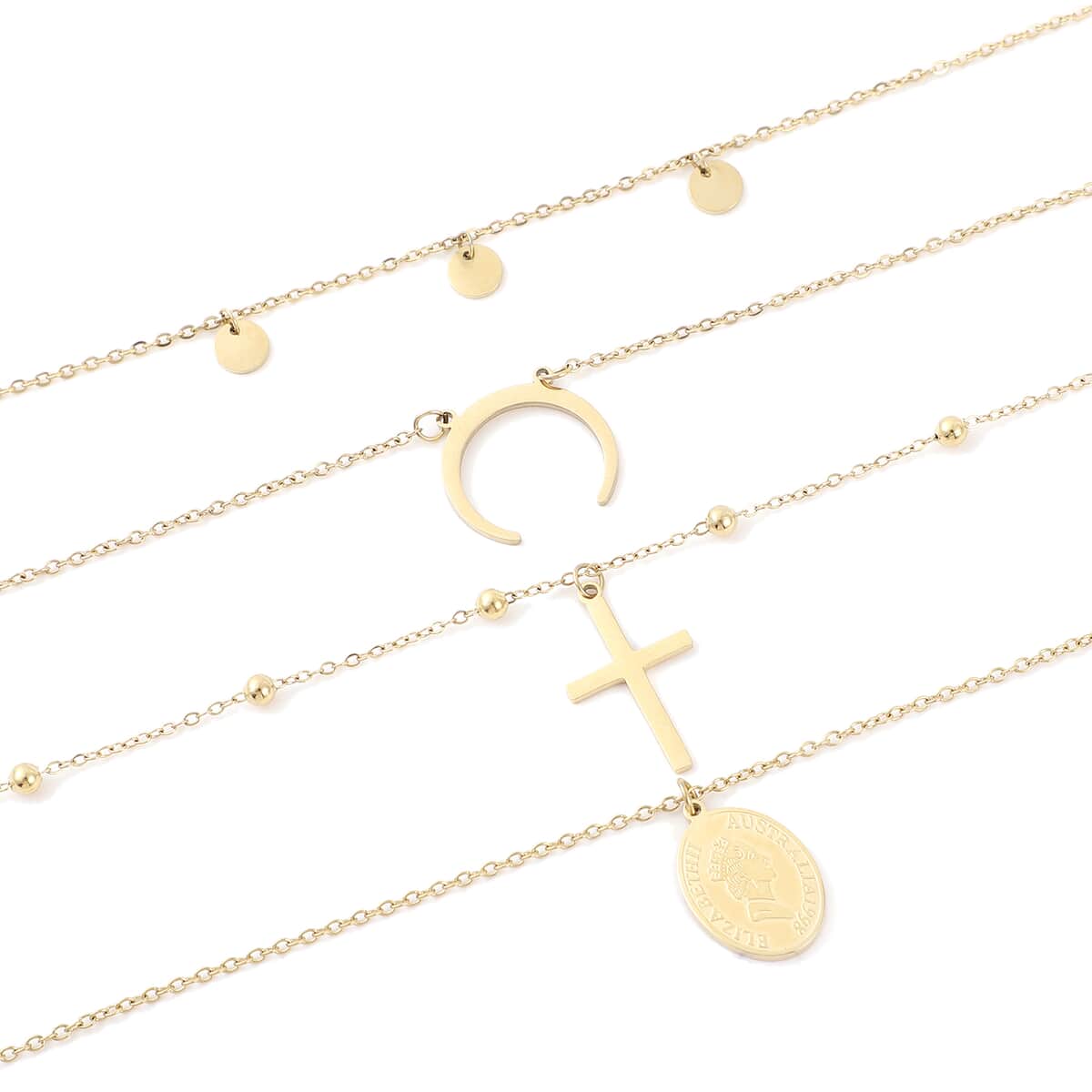 Crescent Moon, Sun, Cross Layered Necklace 14 Inches in ION Plated Yellow Gold Stainless Steel image number 3