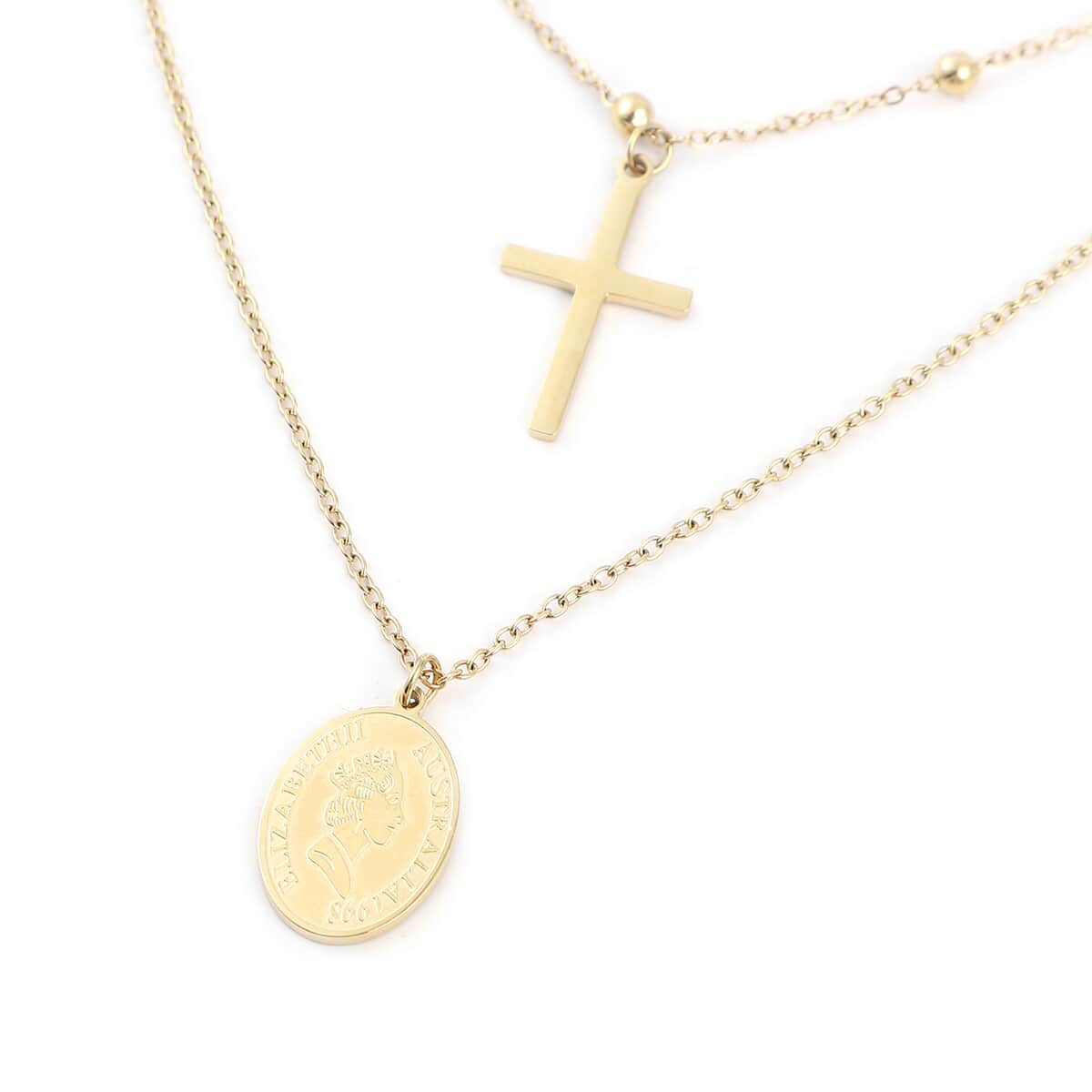 Crescent Moon, Sun, Cross Layered Necklace 14 Inches in ION Plated Yellow Gold Stainless Steel image number 4