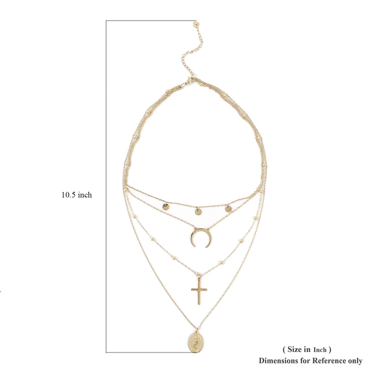 Crescent Moon, Sun, Cross Layered Necklace 14 Inches in ION Plated Yellow Gold Stainless Steel image number 6