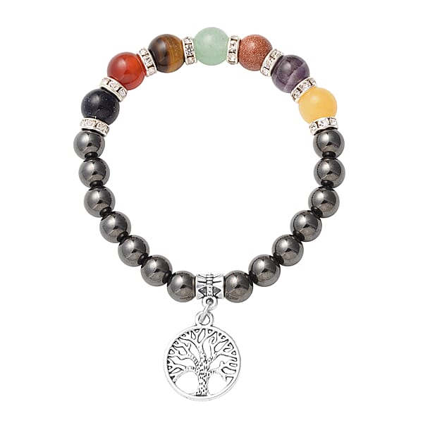 Magnetic By Design Multi Gemstone Beaded and Austrian Crystal 7 Chakra Stretch Bracelet with Tree of Life Charm in Silvertone