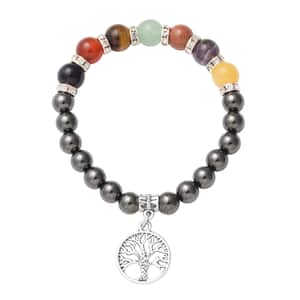 Magnetic By Design Multi Gemstone Beaded and Austrian Crystal 7 Chakra Stretch Bracelet with Tree of Life Charm in Silvertone