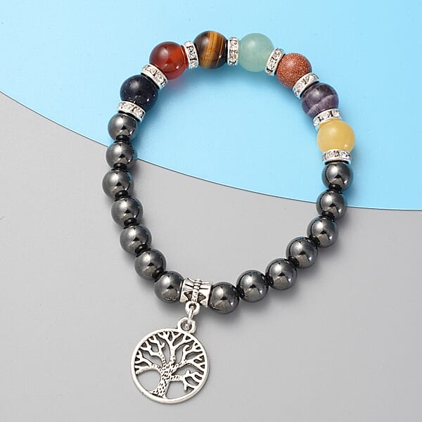 Magnetic By Design Multi Gemstone Beaded and Austrian Crystal 7 Chakra Stretch Bracelet with Tree of Life Charm in Silvertone