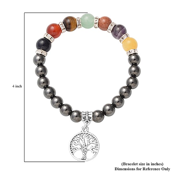 Magnetic By Design Multi Gemstone Beaded and Austrian Crystal 7 Chakra Stretch Bracelet with Tree of Life Charm in Silvertone