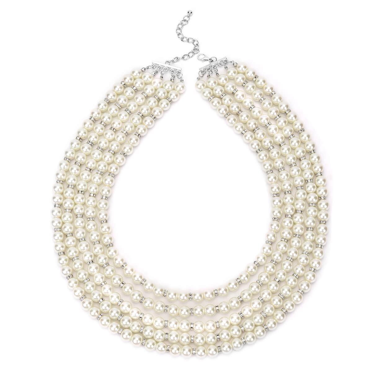 Simulated White Pearl and White Austrian Crystal Multilayer Necklace 22.50-24.50 Inches in Silvertone image number 0