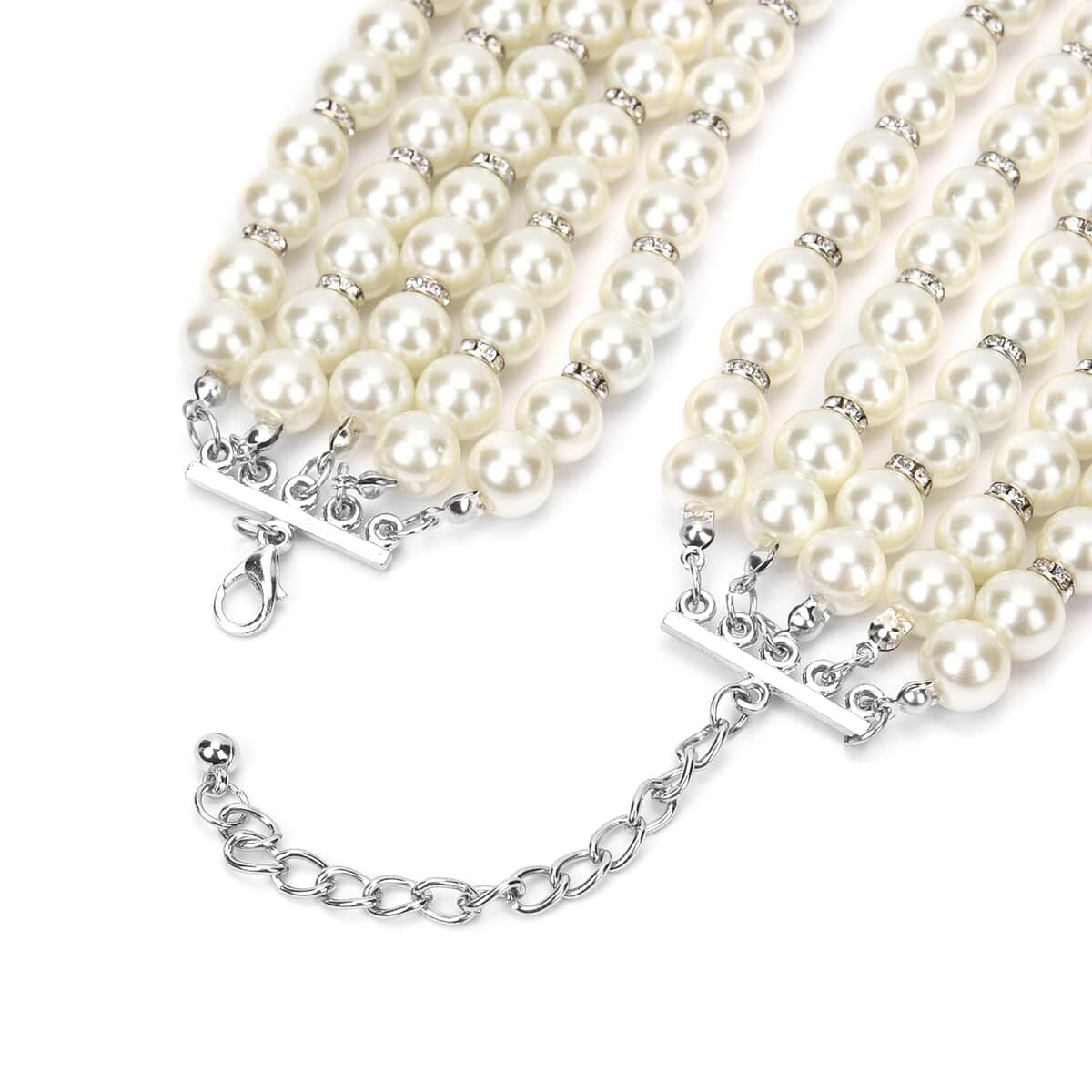 Simulated White Pearl and White Austrian Crystal Multilayer Necklace 22.50-24.50 Inches in Silvertone image number 3