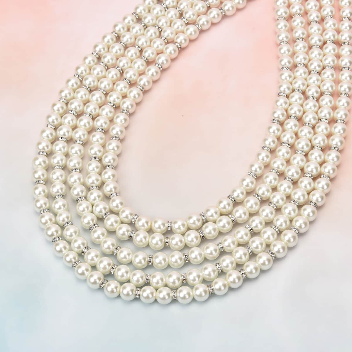 Simulated White Pearl and White Austrian Crystal Multilayer Necklace 22.50-24.50 Inches in Silvertone image number 4