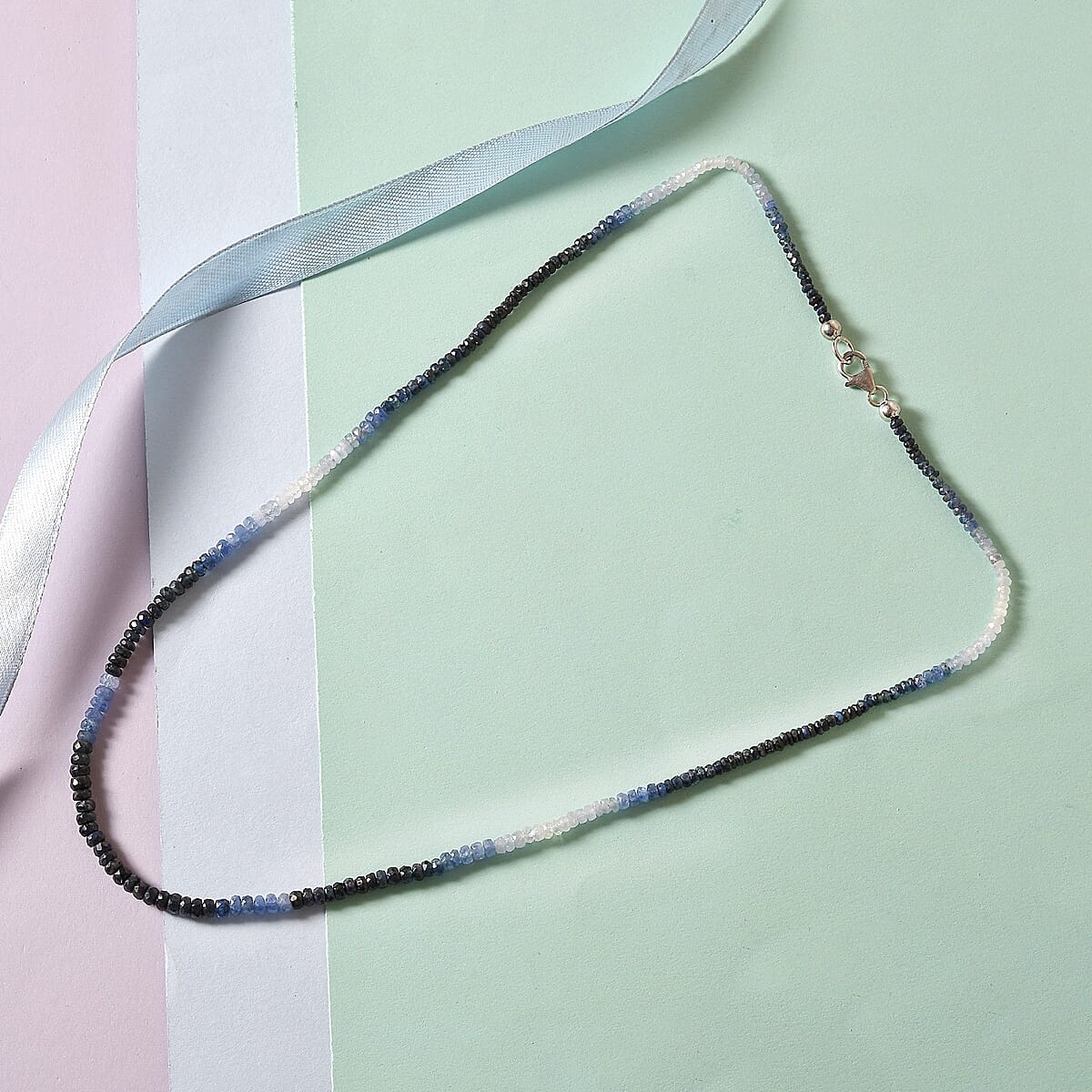 Shades of Blue Sapphire Beaded Necklace 20 Inches in Platinum Over Sterling Silver 55.00 ctw image number 1