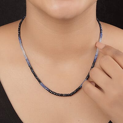 Shades of Blue Sapphire Beaded Necklace 20 Inches in Platinum Over Sterling Silver 55.00 ctw